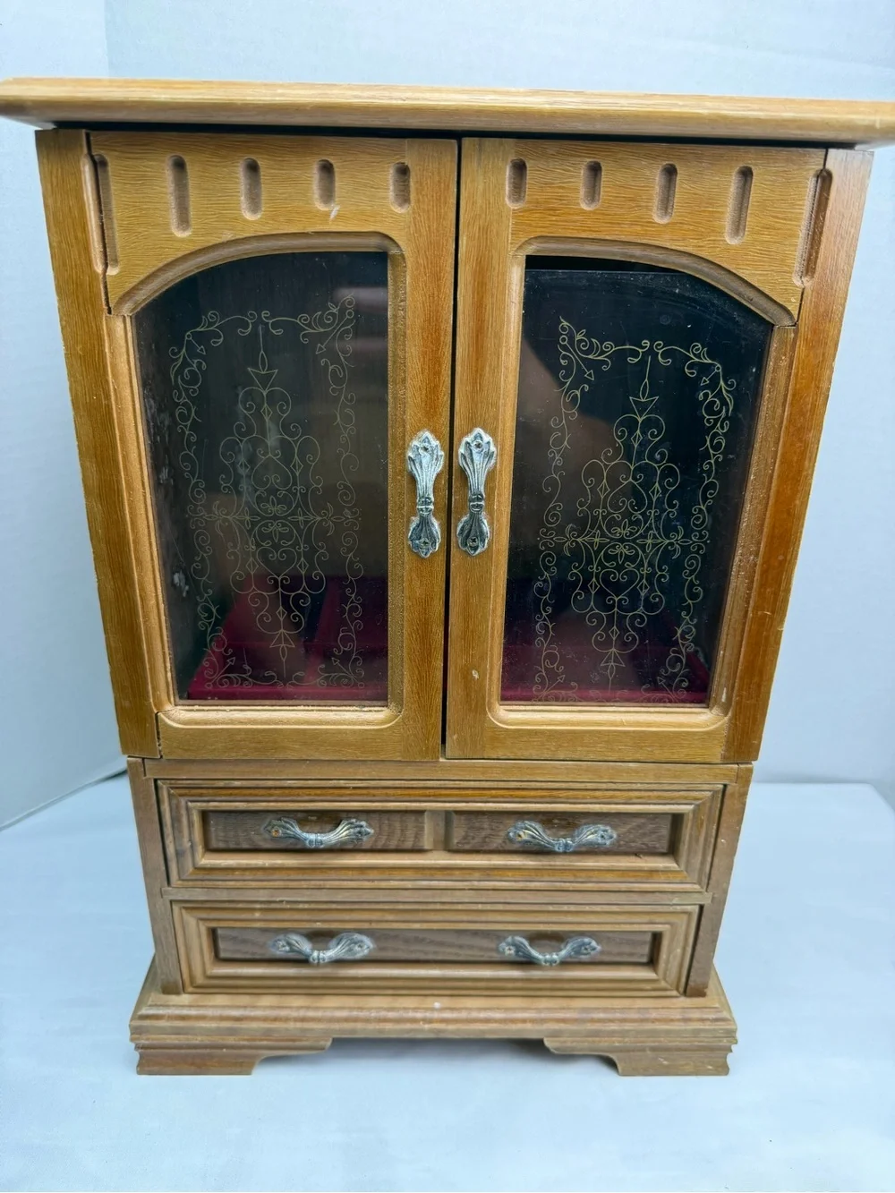 Vintage Wood 2 Door Jewelry Box Armoire Style Cabinet  Organizer &  Drawer